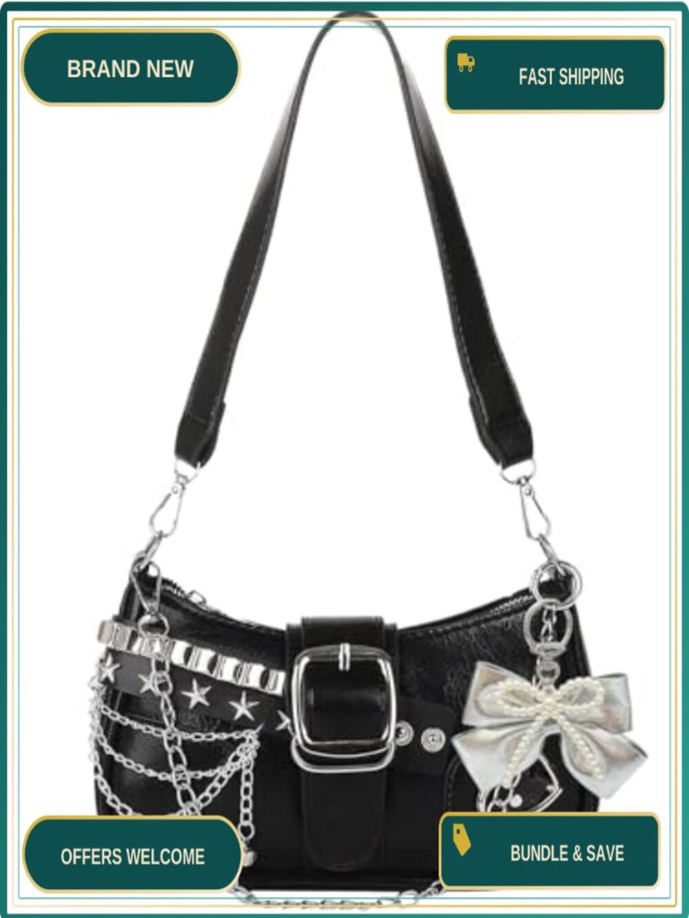 Y2K Star Shoulder Bag, Punk Goth Crossbody Purse, Zipper Satchel